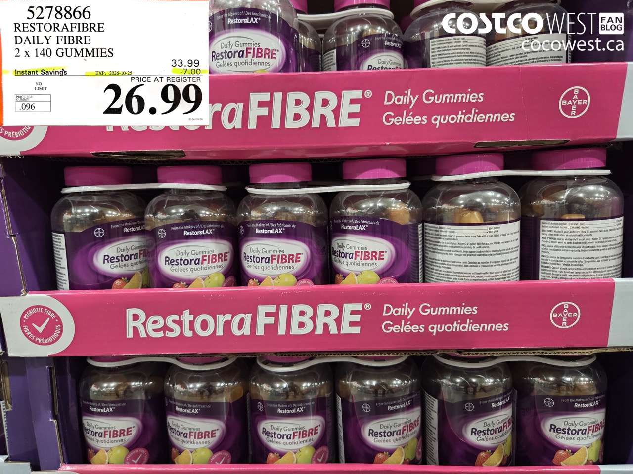 5278866 RESTORAFIBRE DAILY FIBRE 2 X 140 GUMMIES ($7.00 INSTANT SAVINGS EXPIRES ON 2026-10-25) $26.99