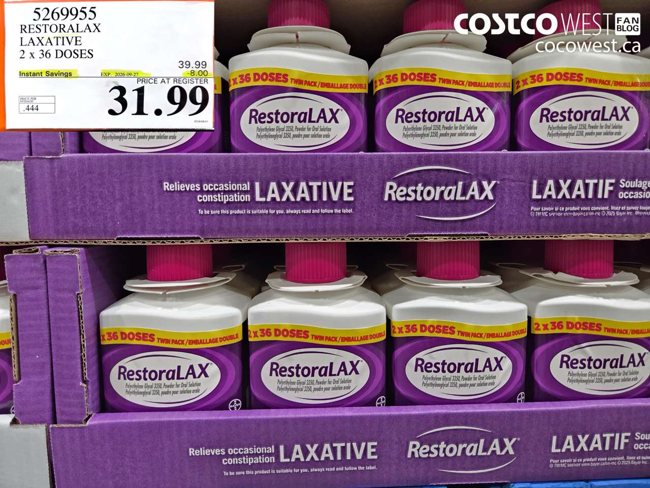 5269955 RESTORALAX LAXATIVE 2 X 36 DOSES ($8.00 INSTANT SAVINGS EXPIRES ON 2026-09-27) $31.99