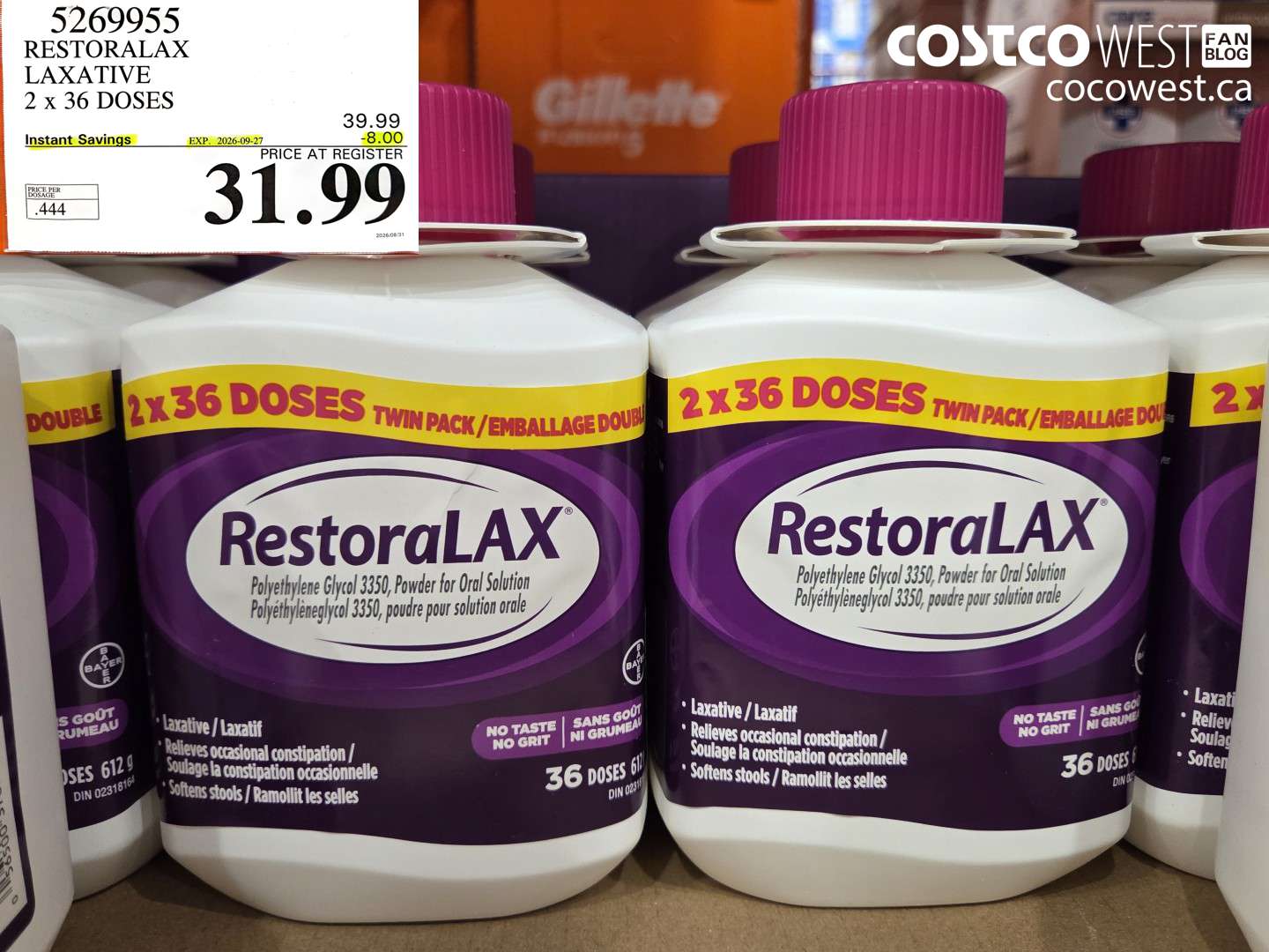 5269955 RESTORALAX LAXATIVE 2 X 36 DOSES ($8.00 INSTANT SAVINGS EXPIRES ON 2026-09-27) $31.99