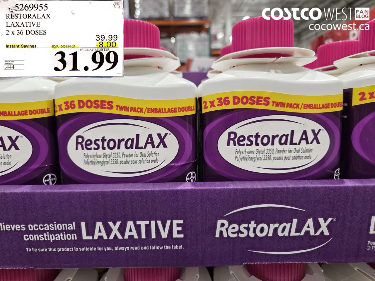 5269955 RESTORALAX LAXATIVE 2 X 36 DOSES ($8.00 INSTANT SAVINGS EXPIRES ON 2026-09-27) $31.99