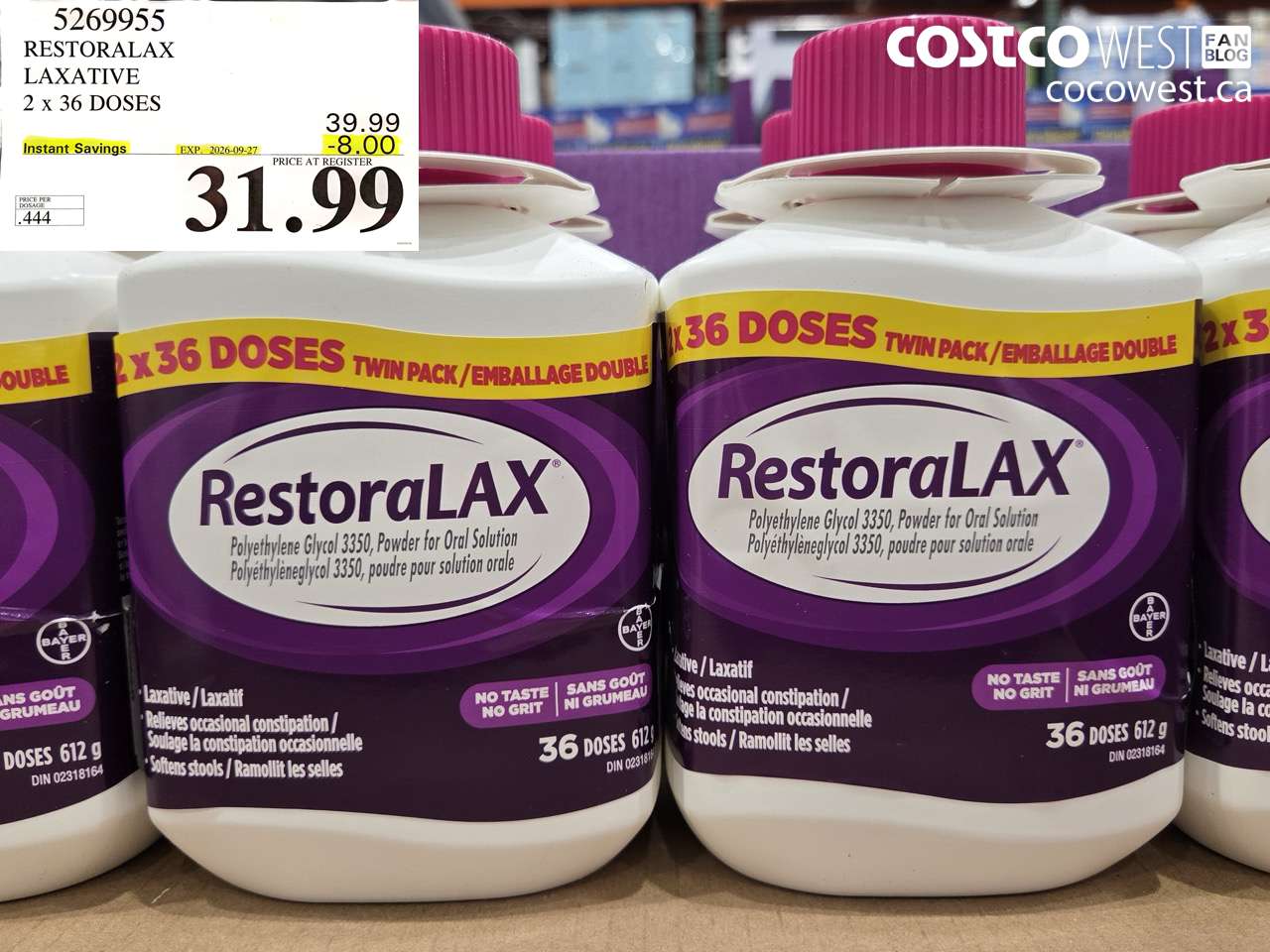 5269955 RESTORALAX LAXATIVE 2 X 36 DOSES ($8.00 INSTANT SAVINGS EXPIRES ON 2026-09-27) $31.99