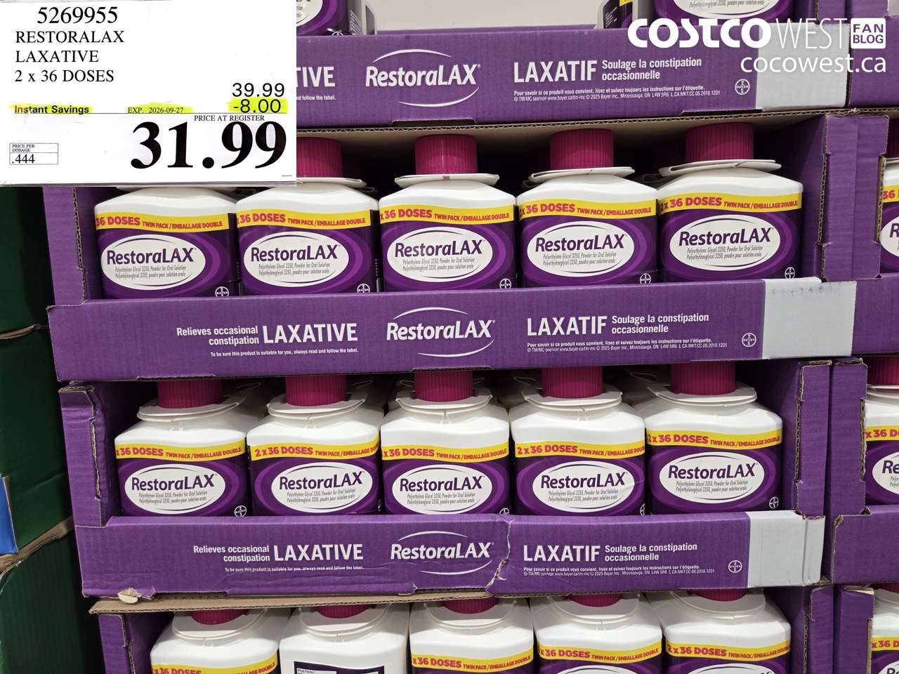 5269955 RESTORALAX LAXATIVE 2 X 36 DOSES ($8.00 INSTANT SAVINGS EXPIRES ON 2026-09-27) $31.99