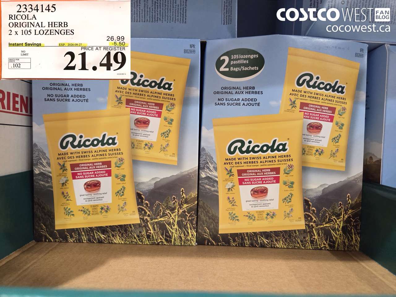 2334145 RICOLA ORIGINAL HERB 2 X 105 LOZENGES ($5.50 INSTANT SAVINGS EXPIRES ON 2026-09-27) $21.49