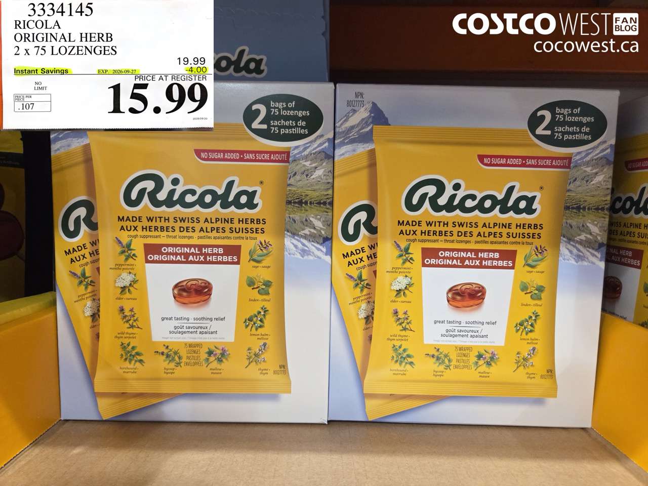 3334145 RICOLA ORIGINAL HERB 2 X 75 LOZENGES ($4.00 INSTANT SAVINGS EXPIRES ON 2026-09-27) $15.99
