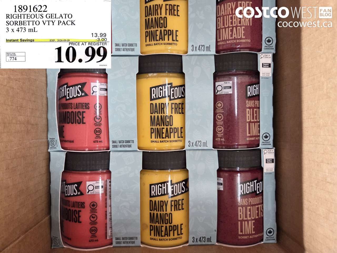 1891622 RIGHTEOUS GELATO SORBETTO VTY PACK 3 X 473 ML ($3.00 INSTANT SAVINGS EXPIRES ON 2026-09-09) $10.99