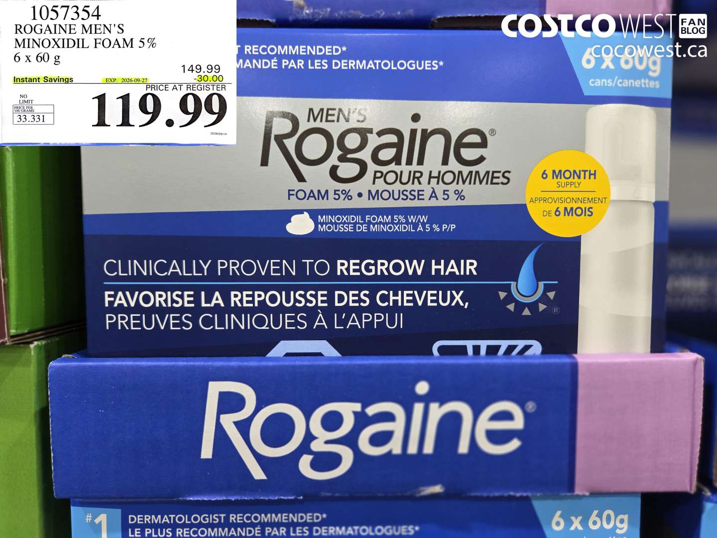 1057354 ROGAINE MEN'S MINOXIDIL FOAM 5% 6 X 60 G ($30.00 INSTANT SAVINGS EXPIRES ON 2026-09-27) $119.99