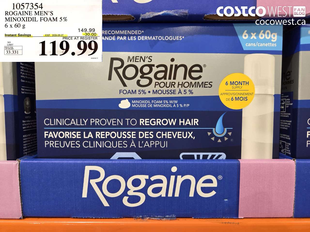 1057354 ROGAINE MEN'S MINOXIDIL FOAM 5% 6 X 60 G ($30.00 INSTANT SAVINGS EXPIRES ON 2026-09-27) $119.99