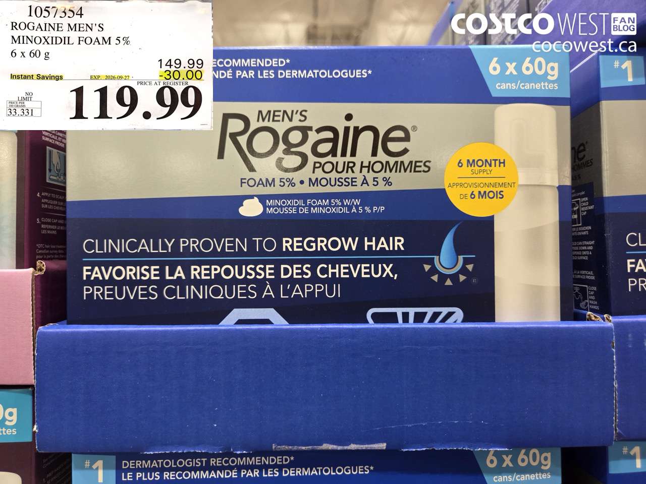 1057354 ROGAINE MEN'S MINOXIDIL FOAM 5% 6 X 60 G ($30.00 INSTANT SAVINGS EXPIRES ON 2026-09-27) $119.99