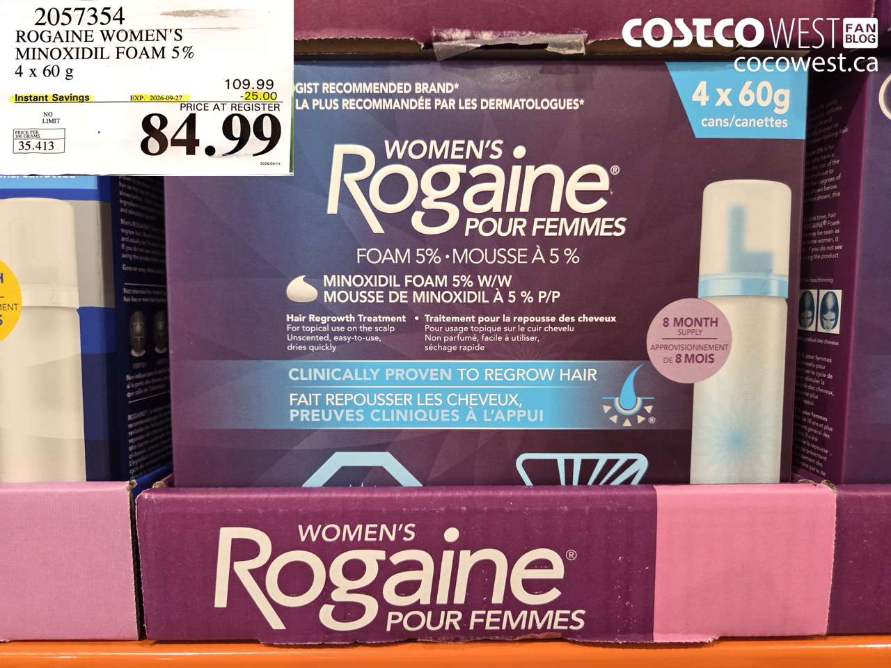 2057354 ROGAINE WOMEN'S MINOXIDIL FOAM 5% 4 X 60 G ($25.00 INSTANT SAVINGS EXPIRES ON 2026-09-27) $84.99