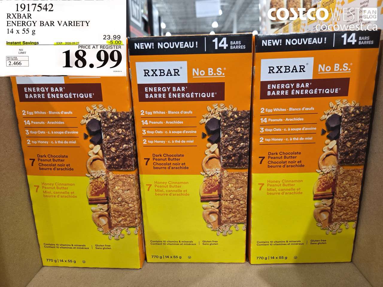 1917542 RXBAR ENERGY BAR VARIETY 14 X 55 G ($5.00 INSTANT SAVINGS EXPIRES ON 2026-09-23) $18.99