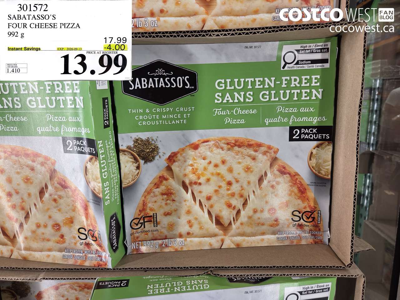 301572 SABATASSO'S FOUR CHEESE PIZZA 992 G ($4.00 INSTANT SAVINGS EXPIRES ON 2026-09-13) $13.99