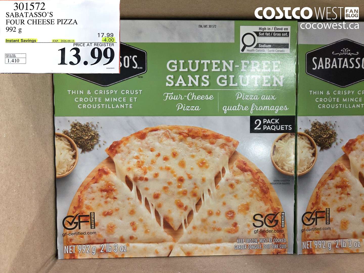 301572 SABATASSO'S FOUR CHEESE PIZZA 992 G ($4.00 INSTANT SAVINGS EXPIRES ON 2026-09-13) $13.99