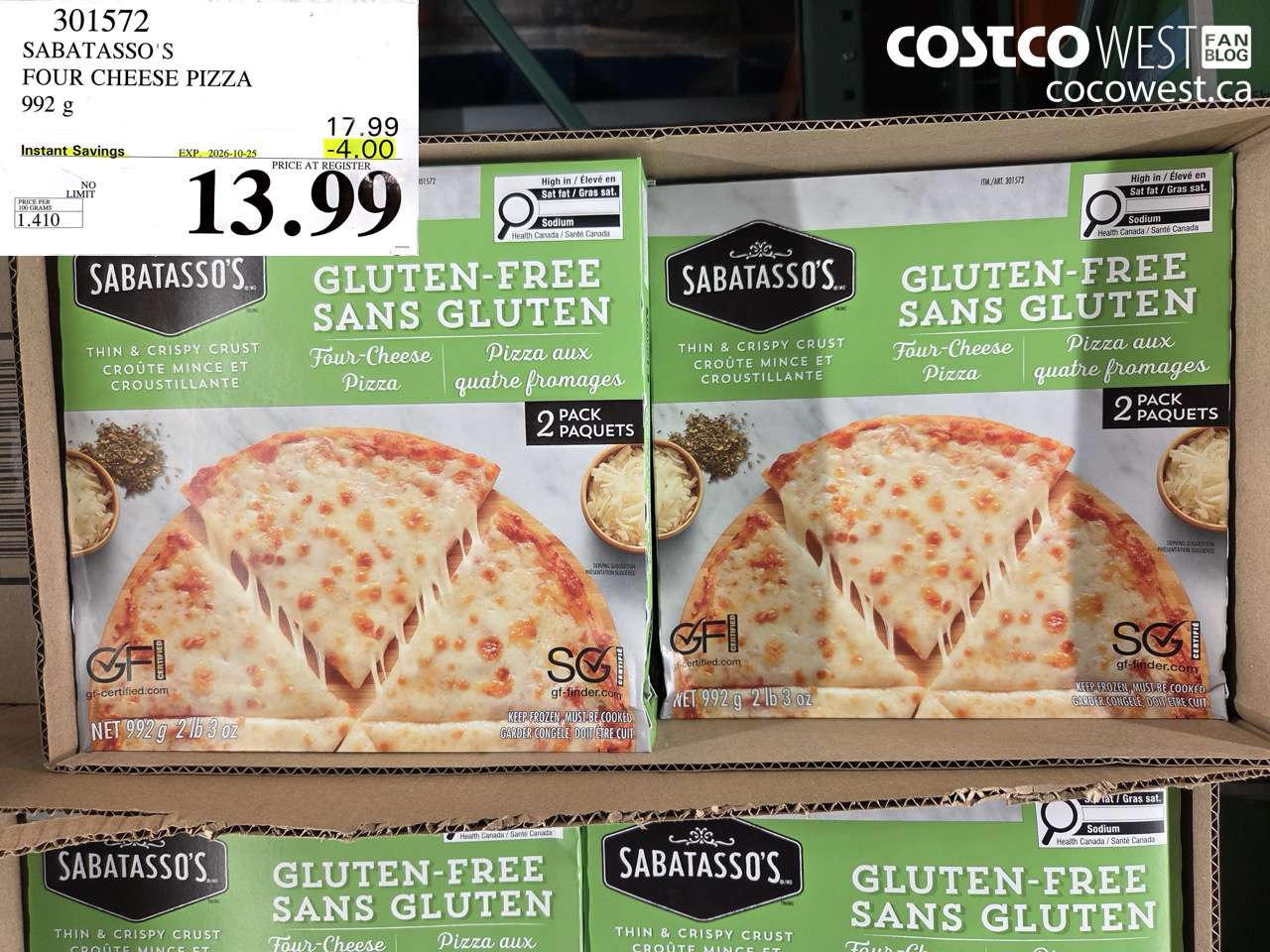 301572 SABATASSO'S FOUR CHEESE PIZZA 992 G ($4.00 INSTANT SAVINGS EXPIRES ON 2026-10-25) $13.99