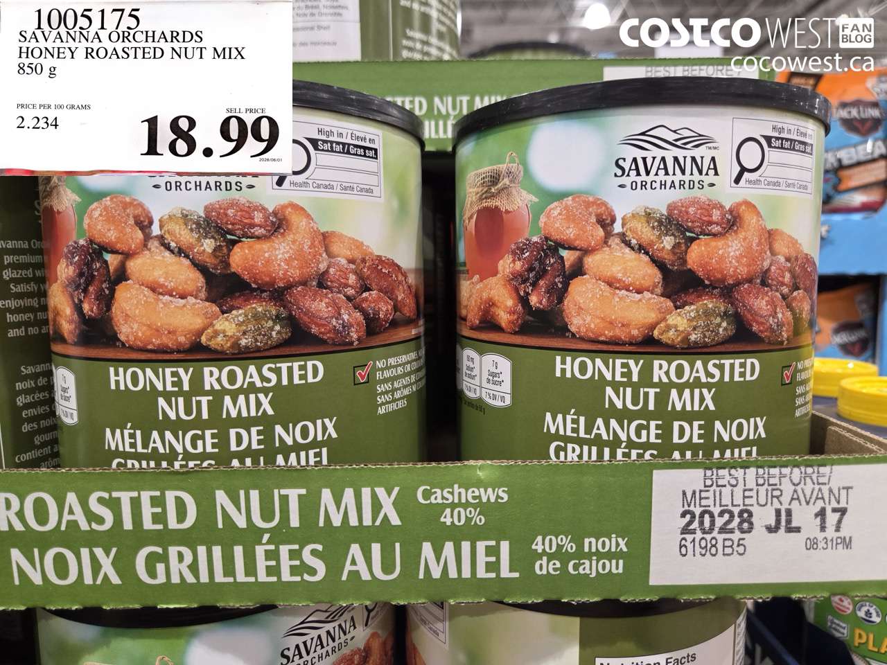 1005175 SAVANNA ORCHARDS HONEY ROASTED NUT MIX 850 G $18.99