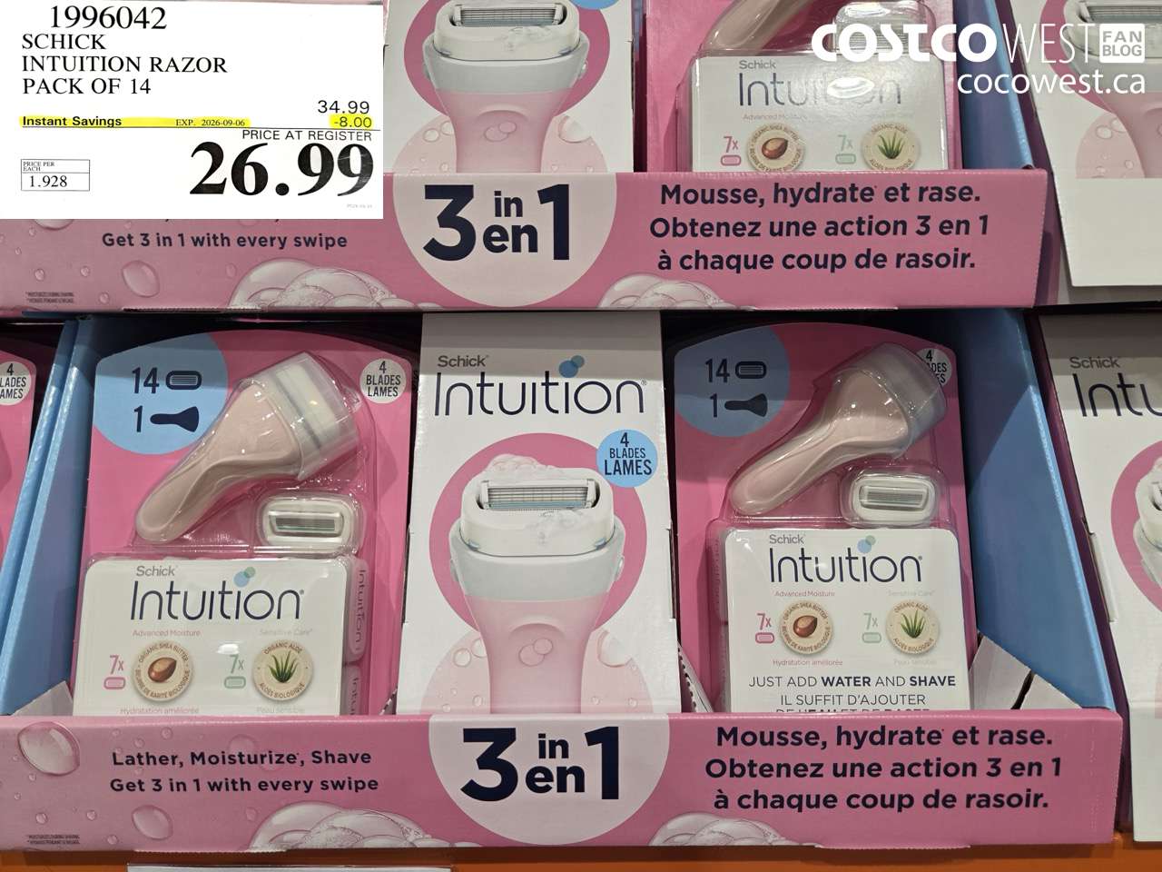 1996042 SCHICK INTUITION RAZOR PACK OF 14 ($8.00 INSTANT SAVINGS EXPIRES ON 2026-09-06) $26.99