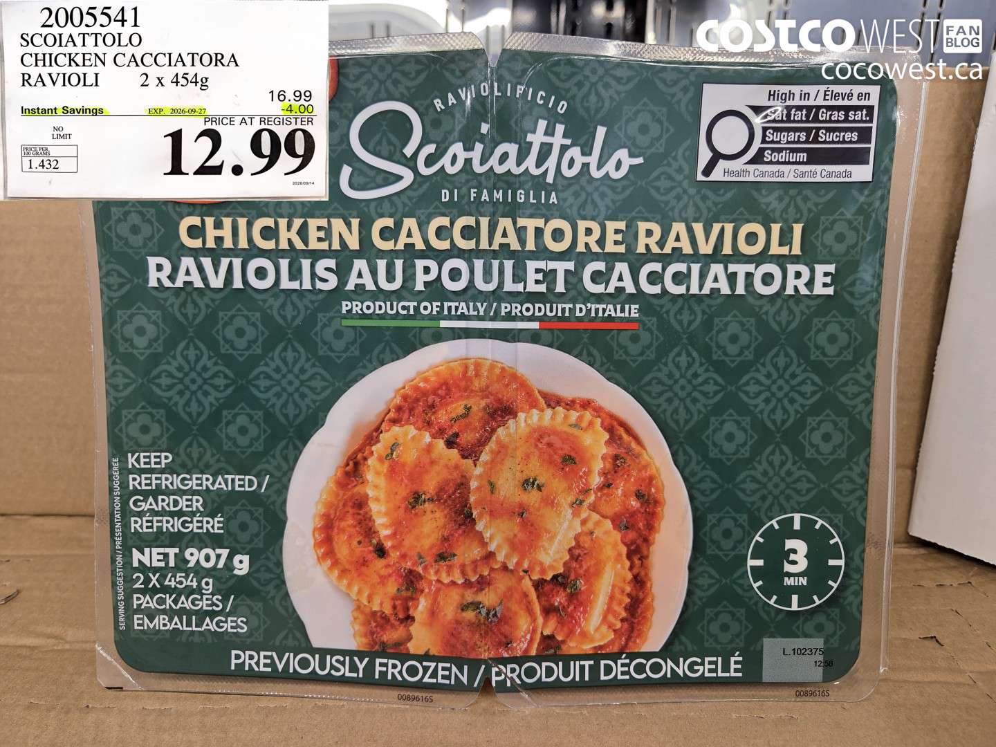 2005541 SCOIATTOLO CHICKEN CACCIATORA RAVIOLI 2 X 454G ($4.00 INSTANT SAVINGS EXPIRES ON 2026-09-27) $12.99