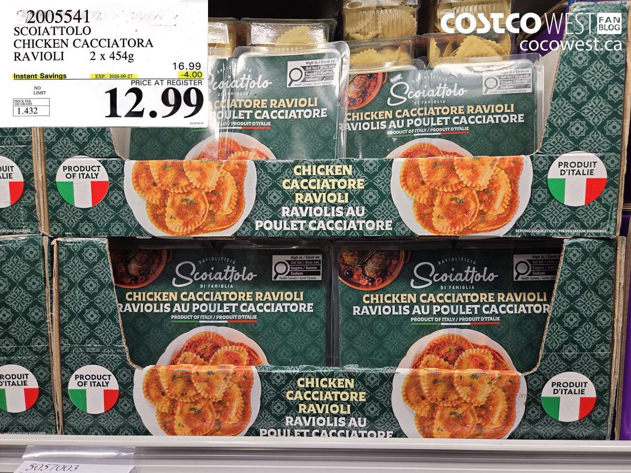 2005541 SCOIATTOLO CHICKEN CACCIATORA RAVIOLI 2 X 454G ($4.00 INSTANT SAVINGS EXPIRES ON 2026-09-27) $12.99