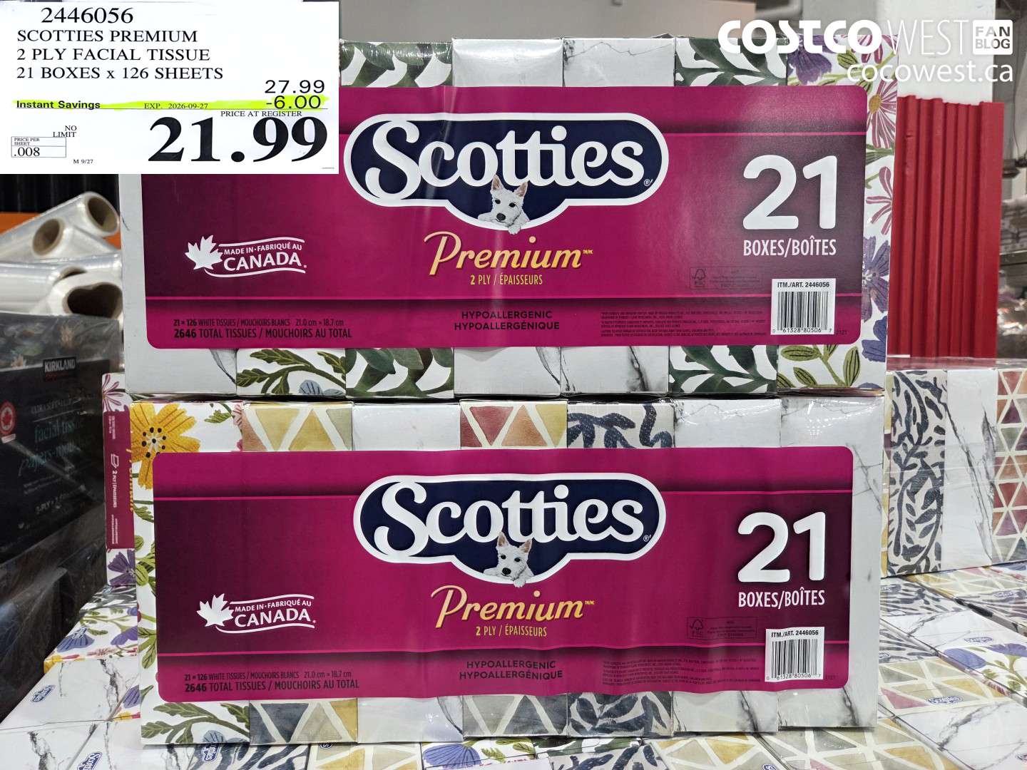 2446056 SCOTTIES PREMIUM 2 PLY FACIAL TISSUE 21 BOXES X 126 SHEETS ($6.00 INSTANT SAVINGS EXPIRES ON 2026-09-27) $21.99