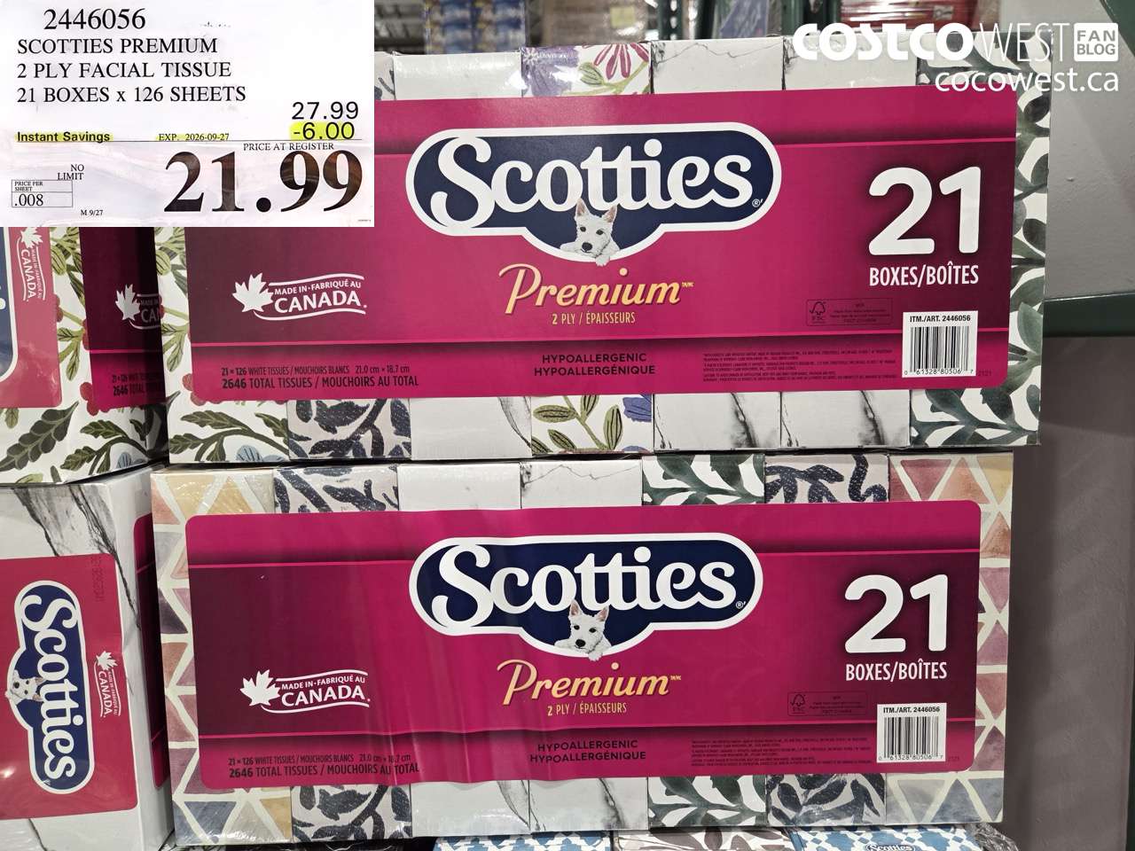 2446056 SCOTTIES PREMIUM 2 PLY FACIAL TISSUE 21 BOXES X 126 SHEETS ($6.00 INSTANT SAVINGS EXPIRES ON 2026-09-27) $21.99