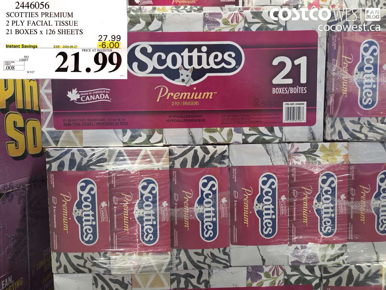 2446056 SCOTTIES PREMIUM 2 PLY FACIAL TISSUE 21 BOXES X 126 SHEETS ($6.00 INSTANT SAVINGS EXPIRES ON 2026-09-27) $21.99