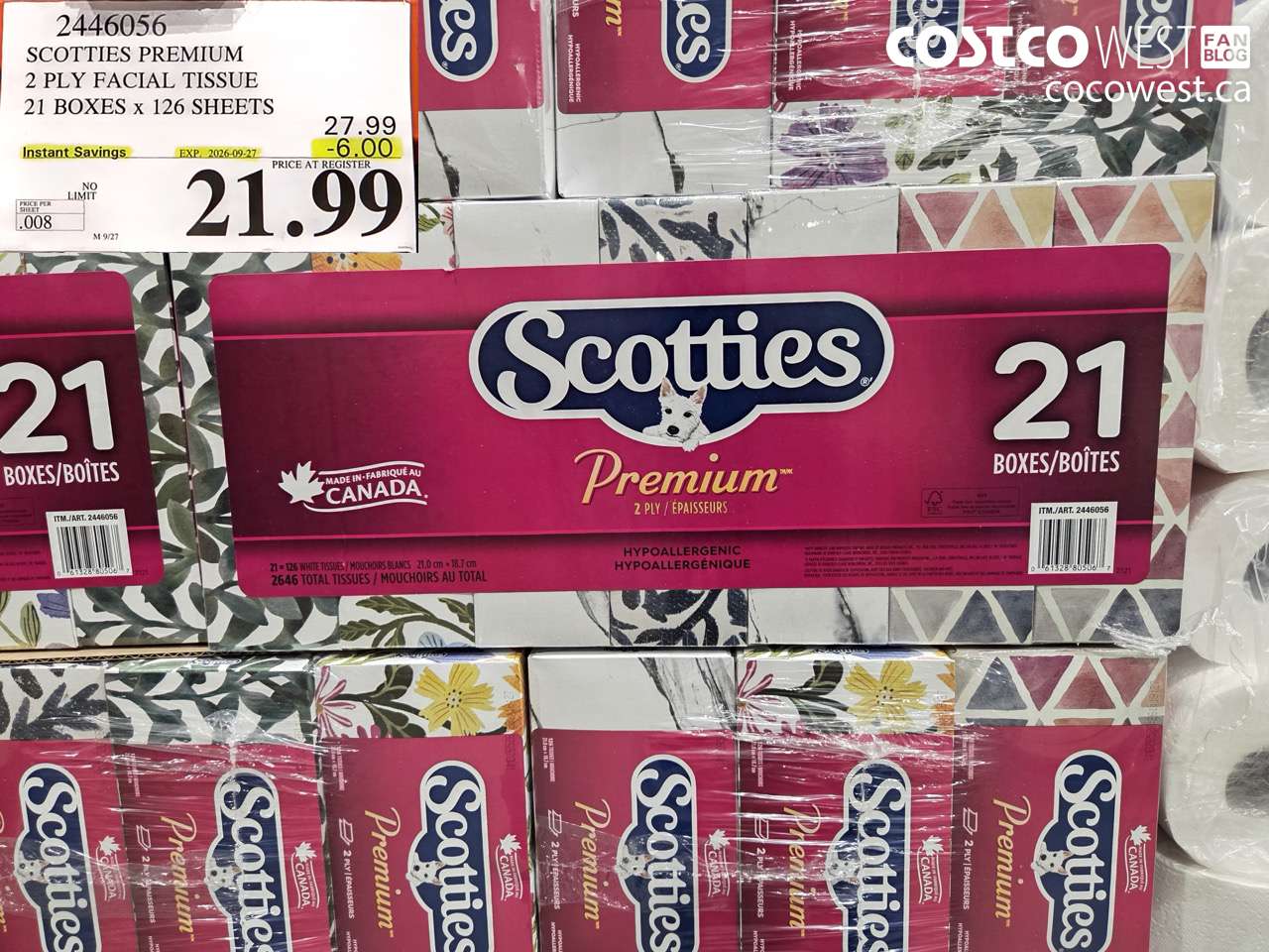 2446056 SCOTTIES PREMIUM 2 PLY FACIAL TISSUE 21 BOXES X 126 SHEETS ($6.00 INSTANT SAVINGS EXPIRES ON 2026-09-27) $21.99