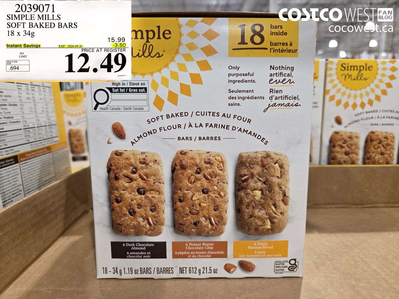 2039071 SIMPLE MILLS SOFT BAKED BARS 18 X 34G ($3.50 INSTANT SAVINGS EXPIRES ON 2026-09-20) $12.49