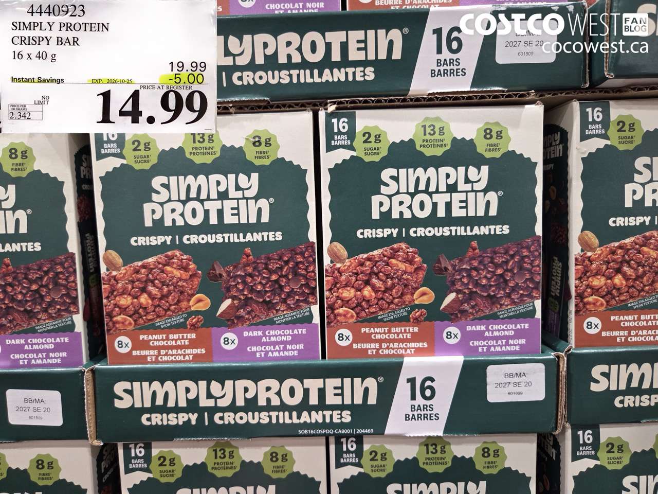 4440923 SIMPLY PROTEIN CRISPY BAR 16 X 40 G ($5.00 INSTANT SAVINGS EXPIRES ON 2026-10-25) $14.99