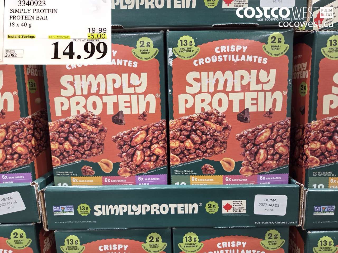 3340923 SIMPLY PROTEIN PROTEIN BAR 18 X 40 G ($5.00 INSTANT SAVINGS EXPIRES ON 2026-09-06) $14.99