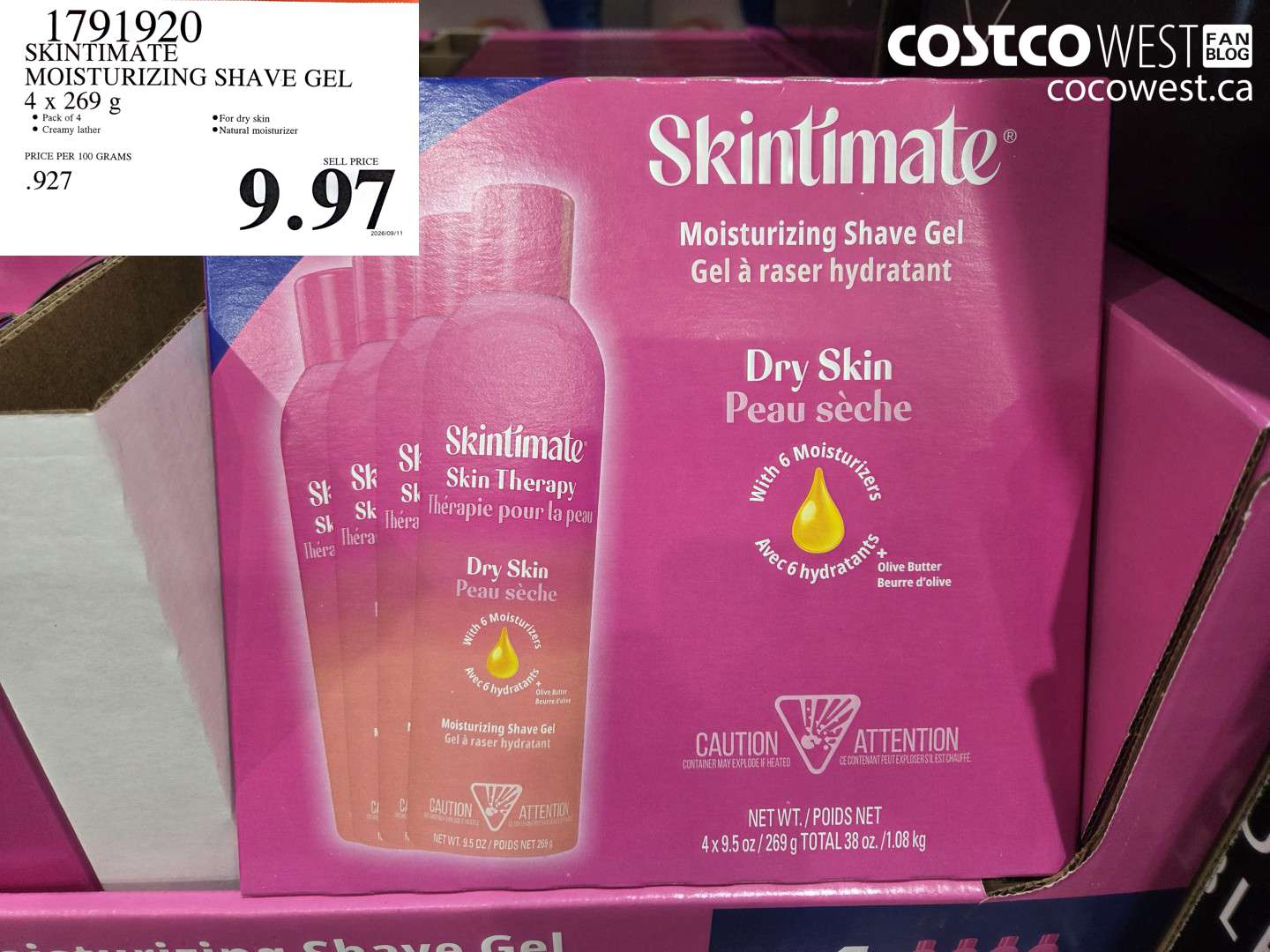 1791920 SKINTIMATE MOISTURIZING SHAVE GEL 4 X 269 G $9.97