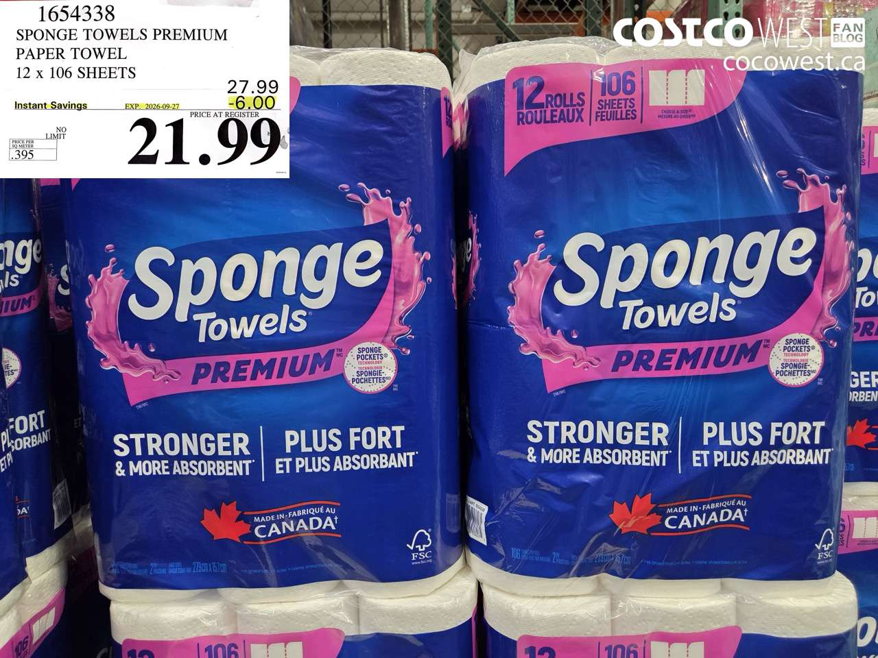 1654338 SPONGE TOWELS PREMIUM PAPER TOWEL 12 X 106 SHEETS ($6.00 INSTANT SAVINGS EXPIRES ON 2026-09-27) $21.99