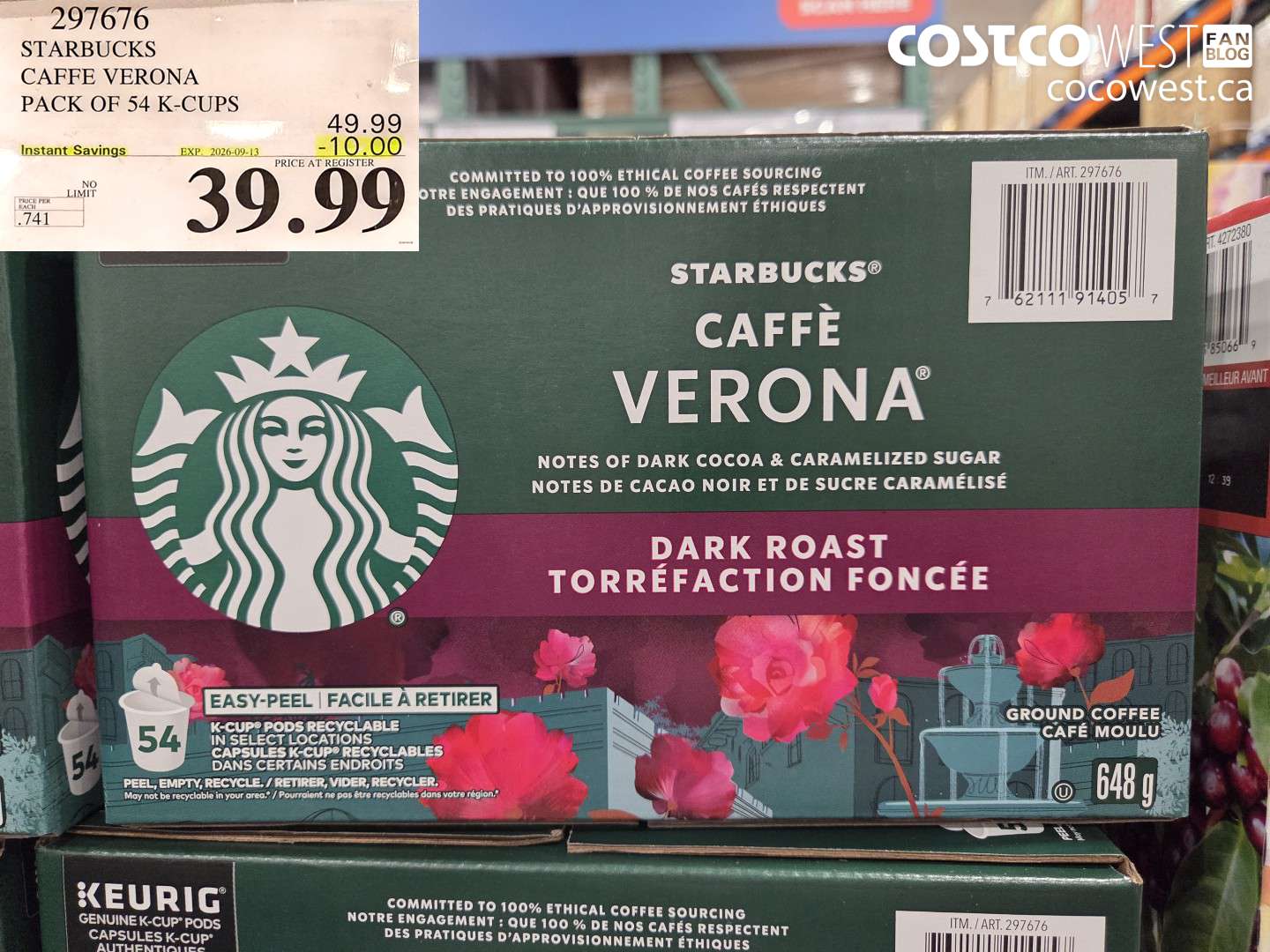 297676 STARBUCKS CAFFE VERONA PACK OF 54 K-CUPS ($10.00 INSTANT SAVINGS EXPIRES ON 2026-09-13) $39.99