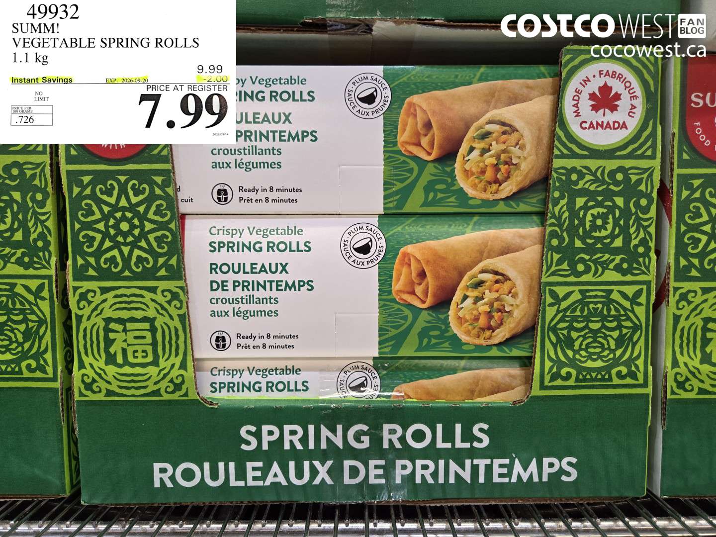 49932 SUMM! VEGETABLE SPRING ROLLS 1.1 KG ($2.00 INSTANT SAVINGS EXPIRES ON 2026-09-20) $7.99