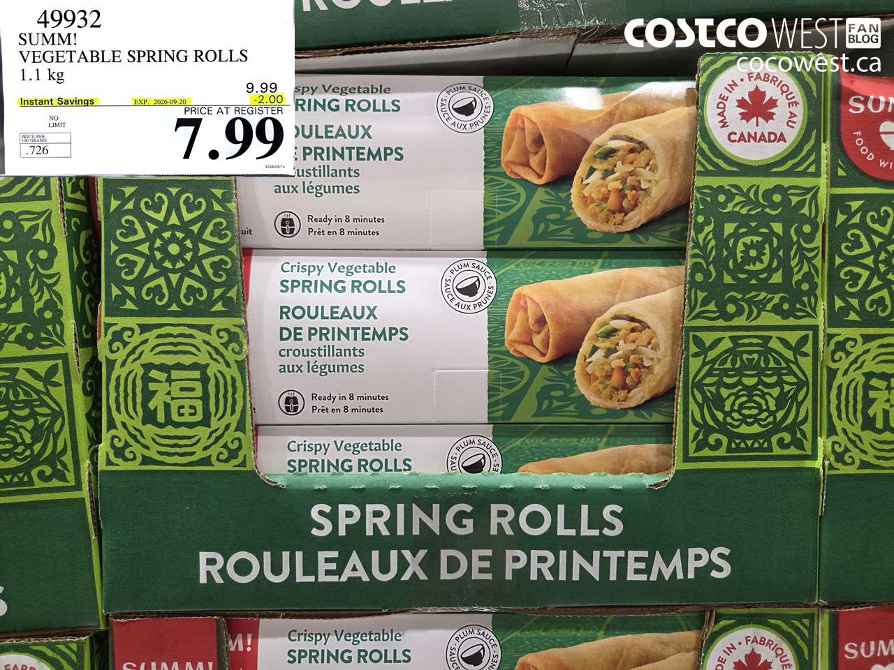 49932 SUMM! VEGETABLE SPRING ROLLS 1.1 KG ($2.00 INSTANT SAVINGS EXPIRES ON 2026-09-20) $7.99
