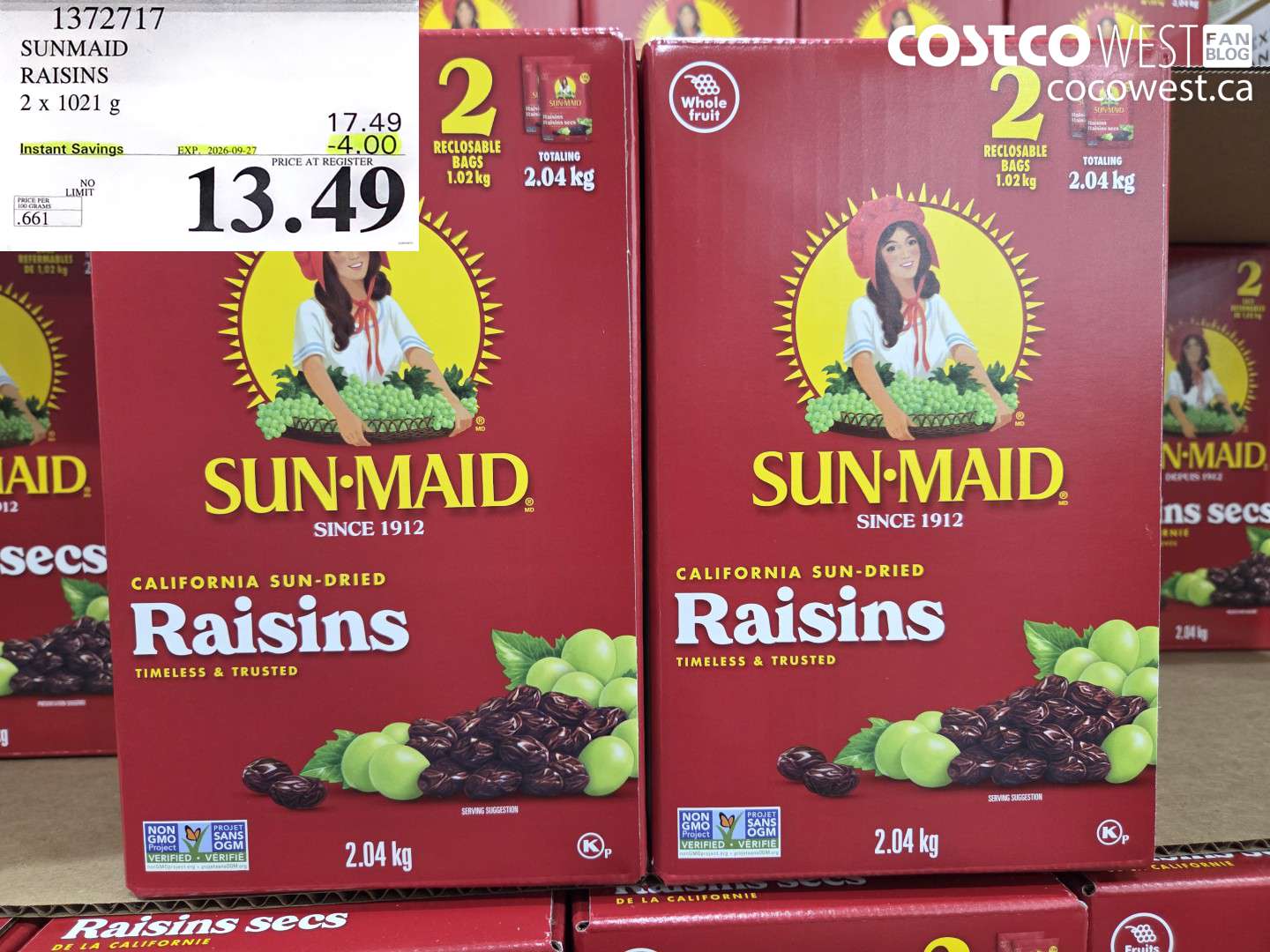 1372717 SUNMAID RAISINS 2 X 1021 G ($4.00 INSTANT SAVINGS EXPIRES ON 2026-09-27) $13.49