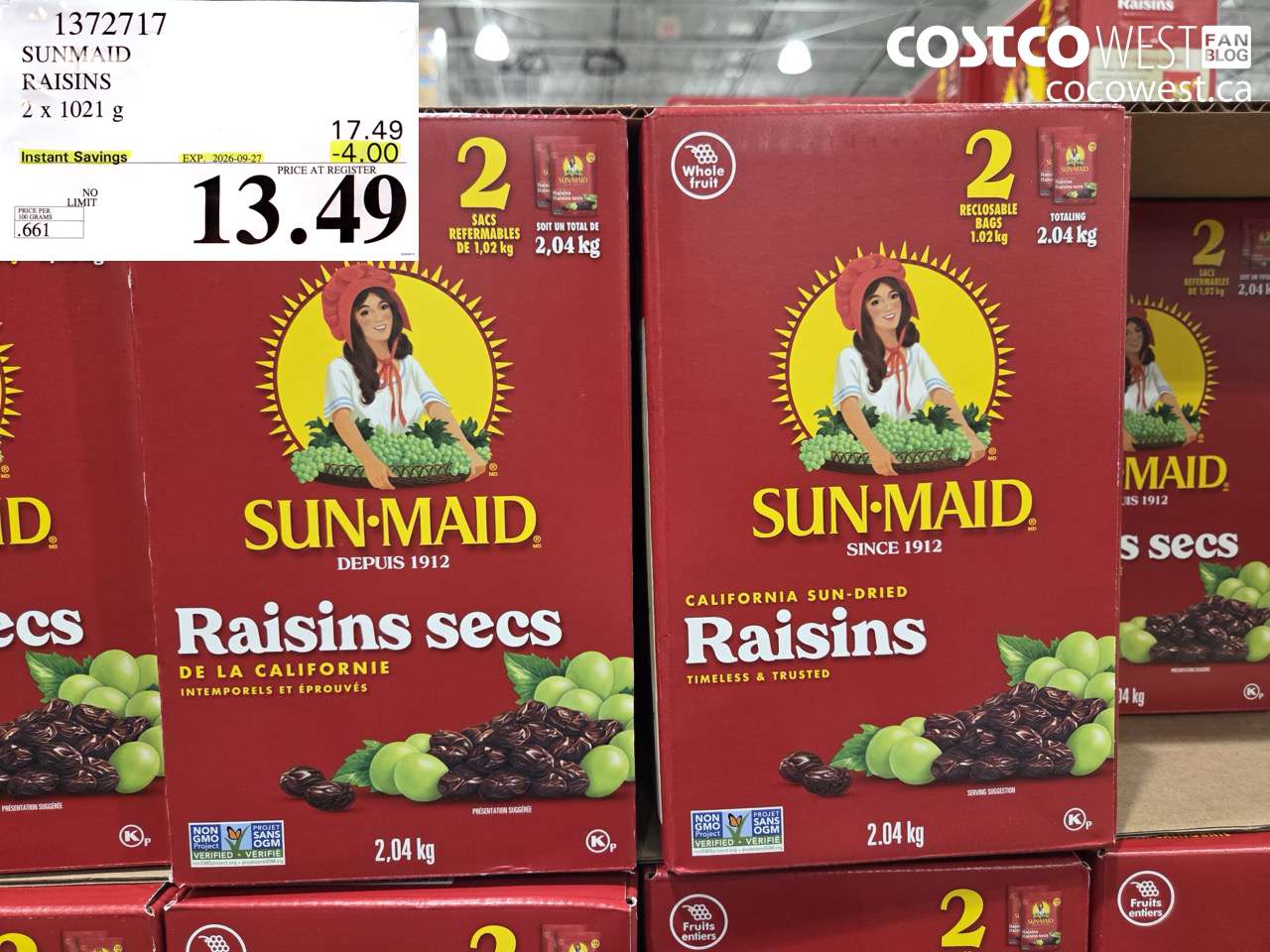 1372717 SUNMAID RAISINS 2 X 1021 G ($4.00 INSTANT SAVINGS EXPIRES ON 2026-09-27) $13.49
