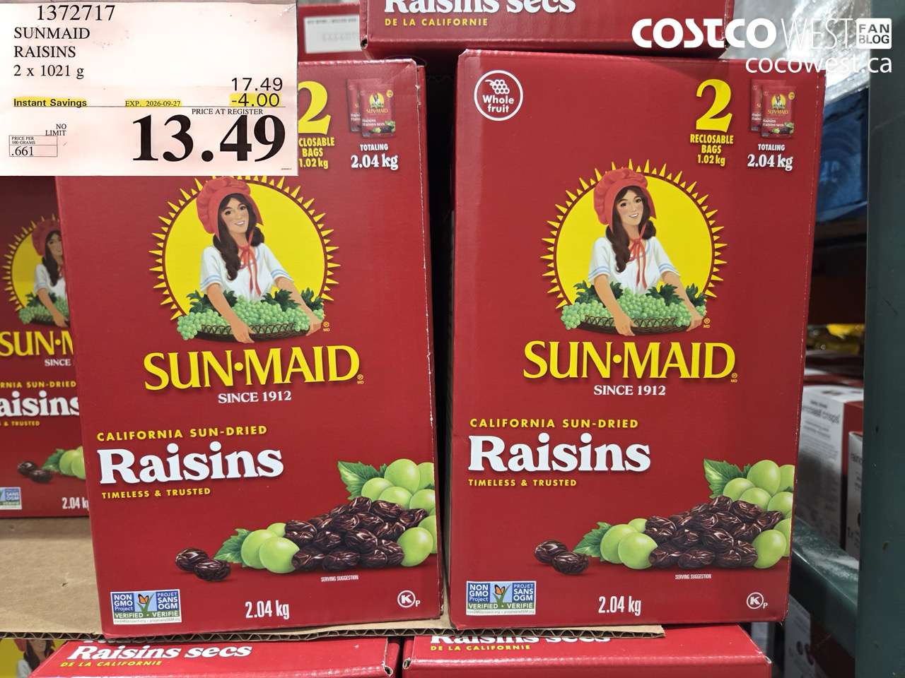 1372717 SUNMAID RAISINS 2 X 1021 G ($4.00 INSTANT SAVINGS EXPIRES ON 2026-09-27) $13.49