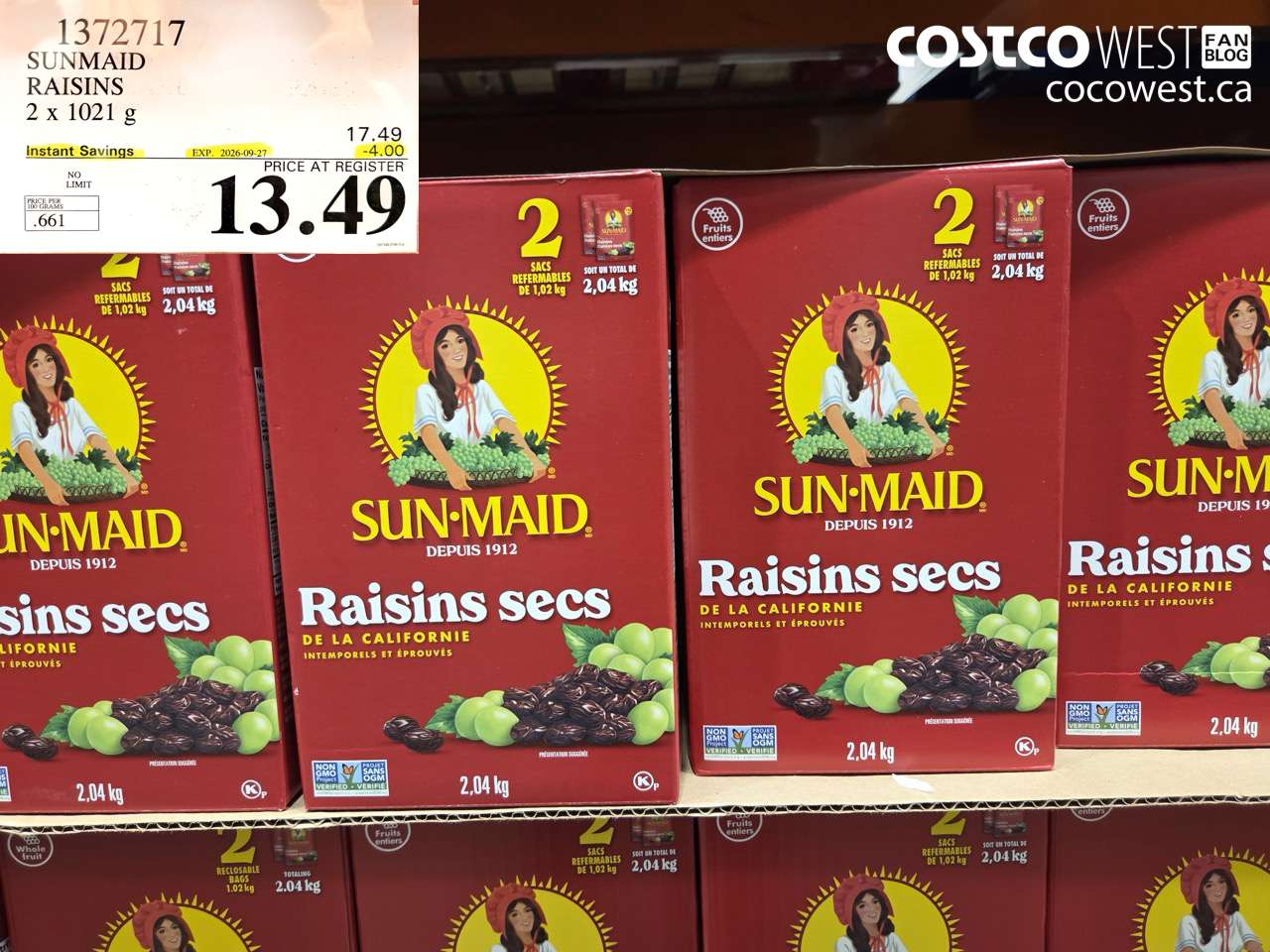 1372717 SUNMAID RAISINS 2 X 1021 G ($4.00 INSTANT SAVINGS EXPIRES ON 2026-09-27) $13.49