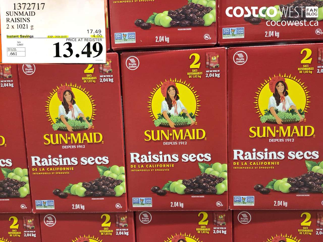1372717 SUNMAID RAISINS 2 X 1021 G ($4.00 INSTANT SAVINGS EXPIRES ON 2026-10-01) $13.49