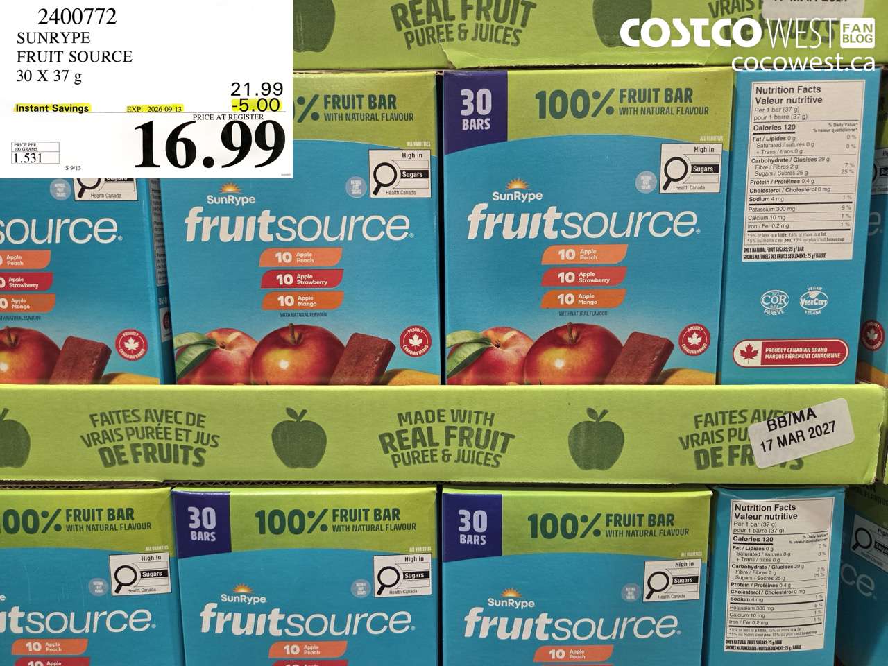 2400772 SUNRYPE FRUIT SOURCE 30 X 37 G ($5.00 INSTANT SAVINGS EXPIRES ON 2026-09-13) $16.99