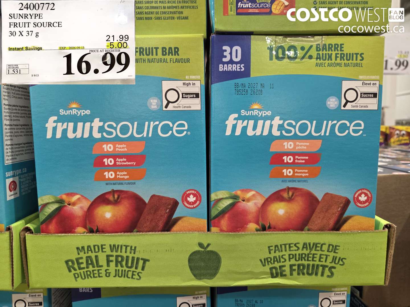 2400772 SUNRYPE FRUIT SOURCE 30 X 37 G ($5.00 INSTANT SAVINGS EXPIRES ON 2026-09-13) $16.99