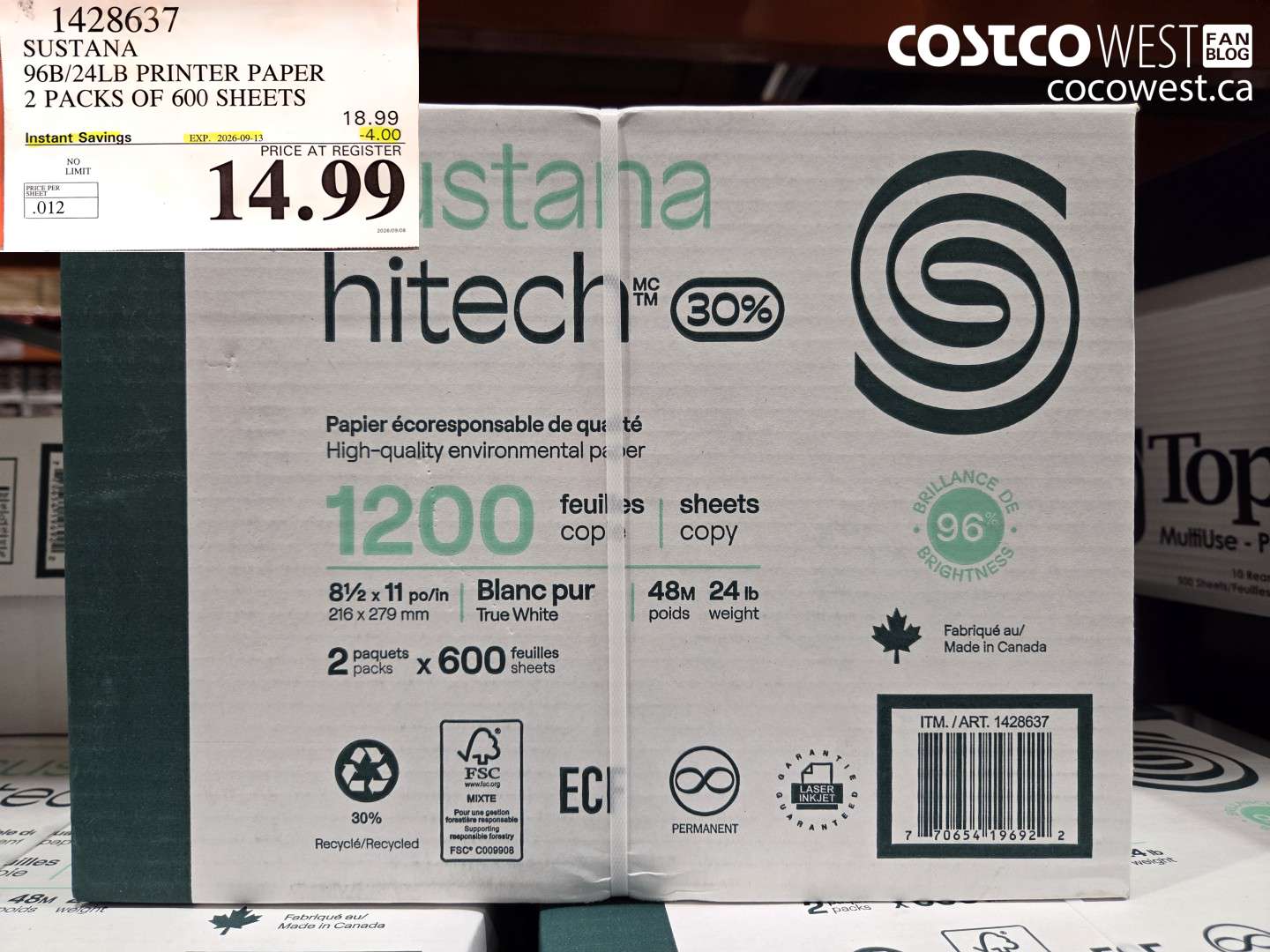 1428637 SUSTANA 96B/24LB PRINTER PAPER 2 PACKS OF 600 SHEETS ($4.00 INSTANT SAVINGS EXPIRES ON 2026-09-13) $14.99