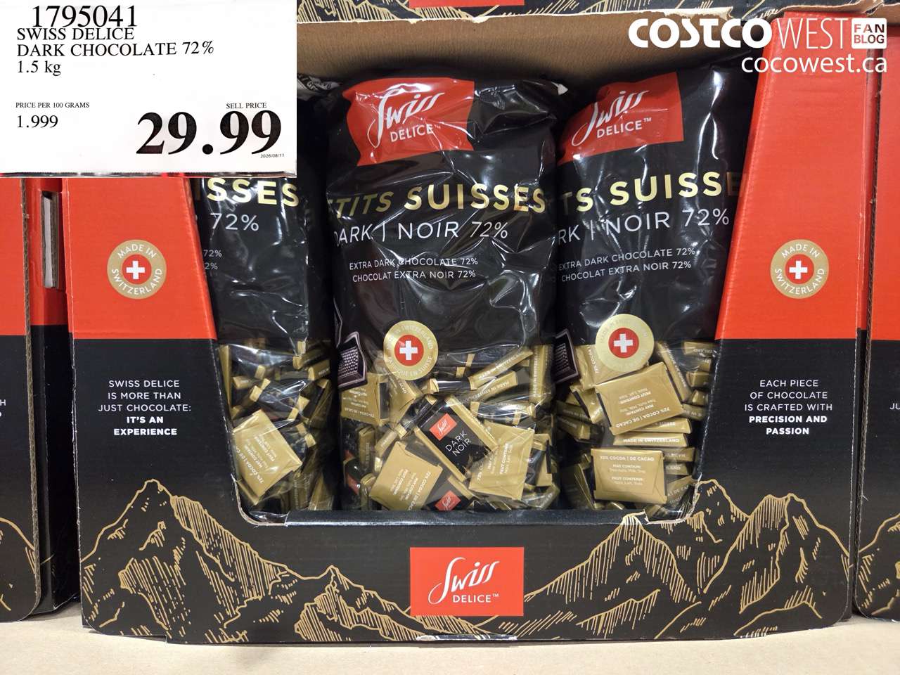 1795041 SWISS DELICE DARK CHOCOLATE 72% 1.5 KG $29.99