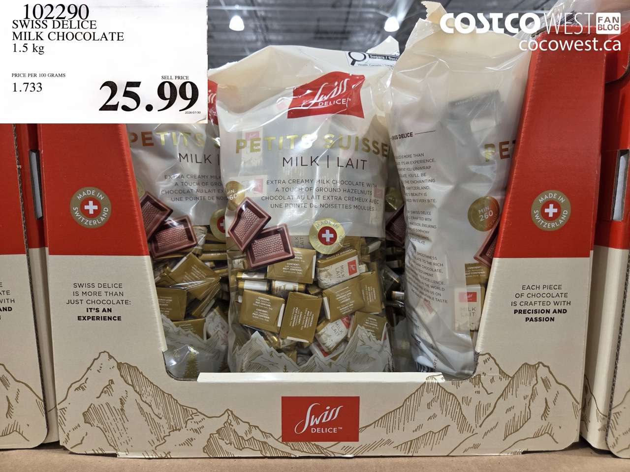 102290 SWISS DELICE MILK CHOCOLATE 1.5 KG $25.99