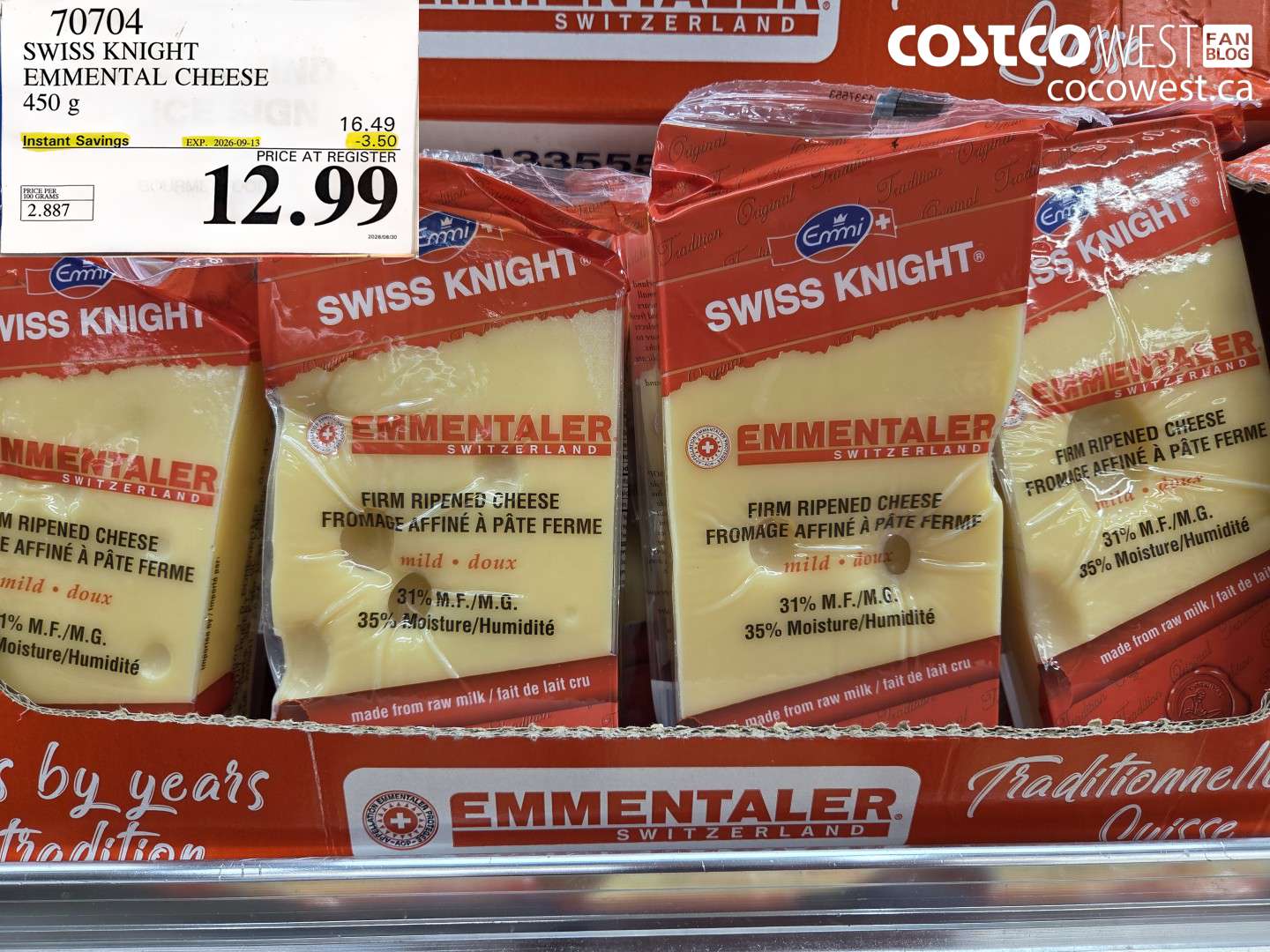 70704 SWISS KNIGHT EMMENTAL CHEESE 450 G ($3.50 INSTANT SAVINGS EXPIRES ON 2026-09-13) $12.99