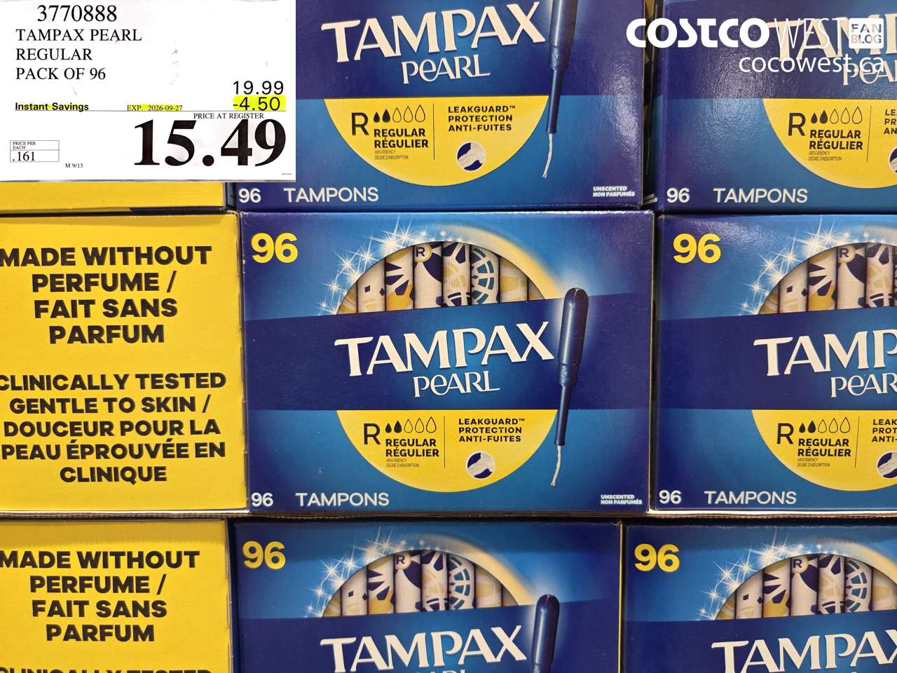 3770888 TAMPAX PEARL REGULAR PACK OF 96 ($4.50 INSTANT SAVINGS EXPIRES ON 2026-09-27) $15.49