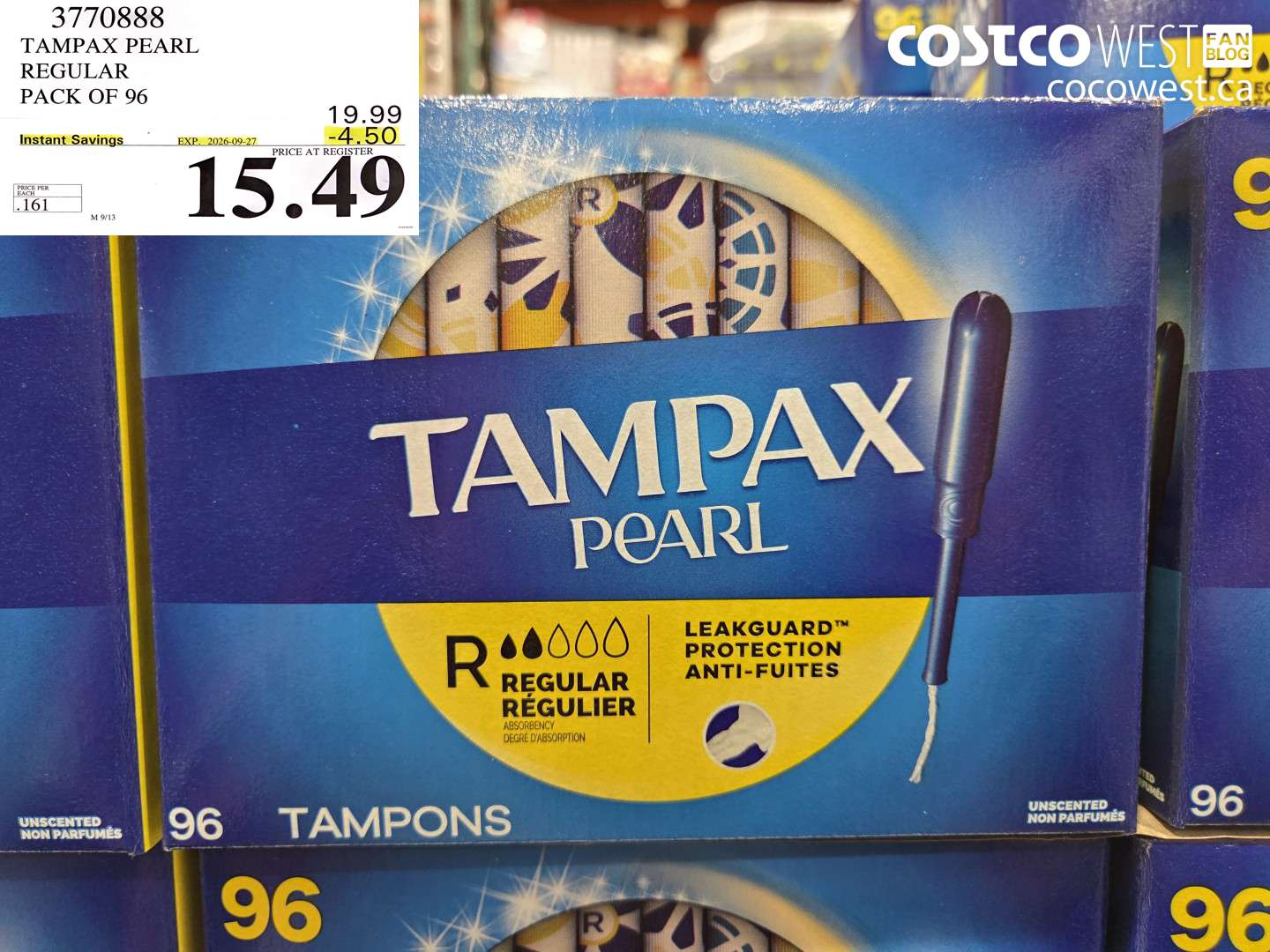 3770888 TAMPAX PEARL REGULAR PACK OF 96 ($4.50 INSTANT SAVINGS EXPIRES ON 2026-09-27) $15.49