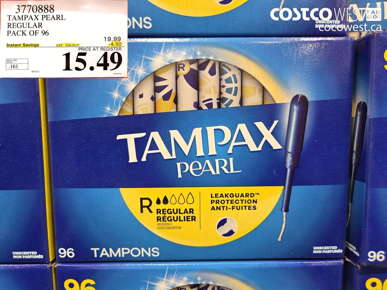 3770888 TAMPAX PEARL REGULAR PACK OF 96 ($4.50 INSTANT SAVINGS EXPIRES ON 2026-09-27) $15.49