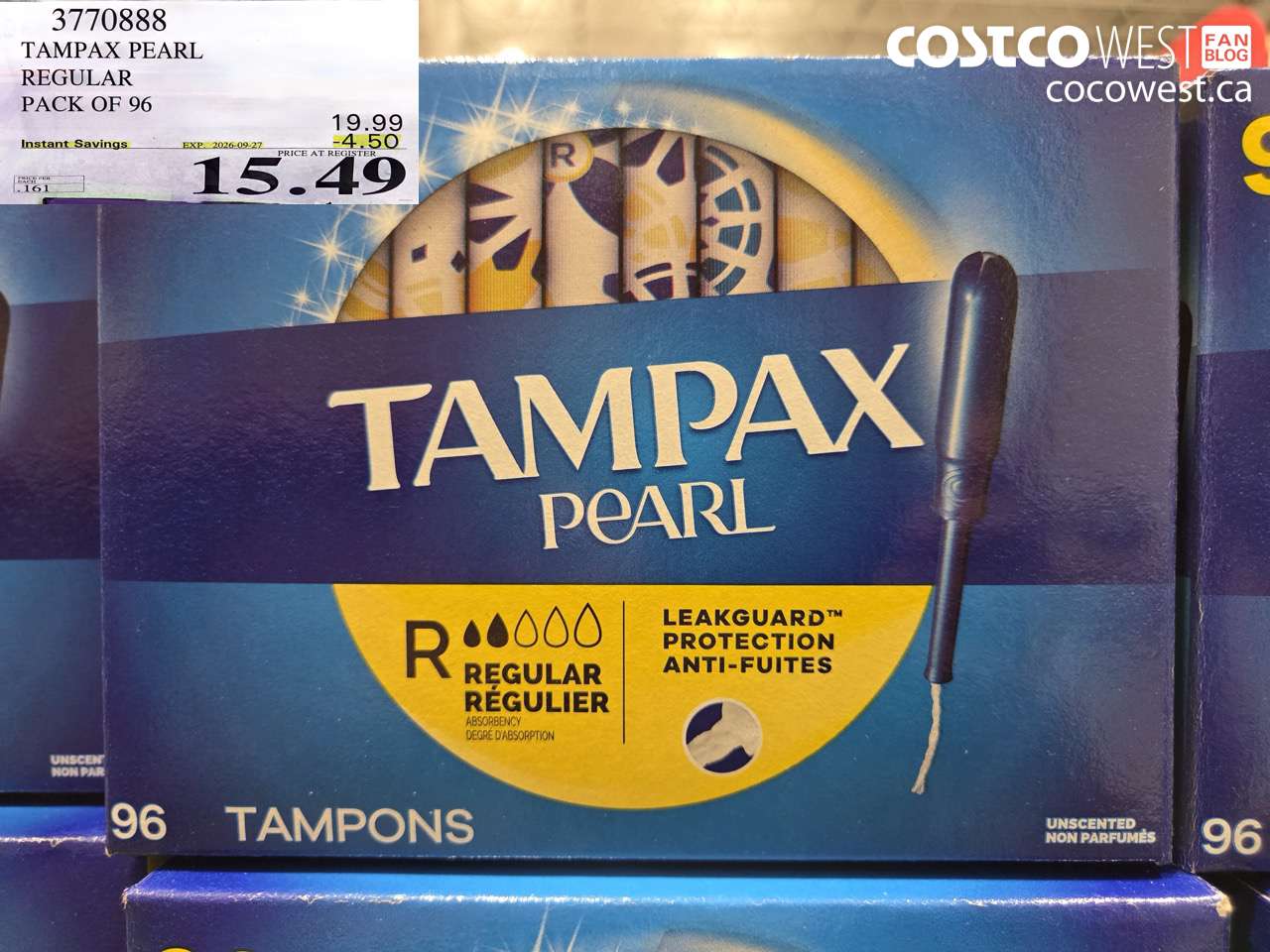 3770888 TAMPAX PEARL REGULAR PACK OF 96 ($4.50 INSTANT SAVINGS EXPIRES ON 2026-09-27) $15.49