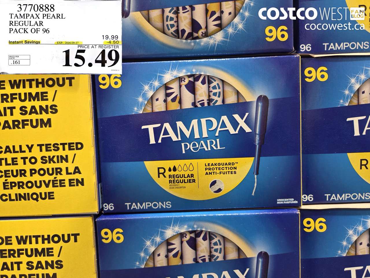 3770888 TAMPAX PEARL REGULAR PACK OF 96 ($4.50 INSTANT SAVINGS EXPIRES ON 2026-09-27) $15.49