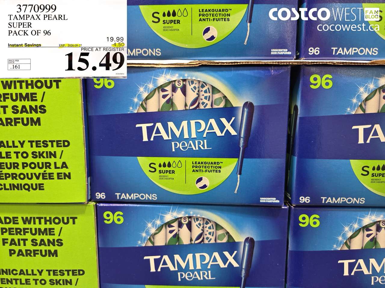 3770999 TAMPAX PEARL SUPER PACK OF 96 ($4.50 INSTANT SAVINGS EXPIRES ON 2026-09-27) $15.49